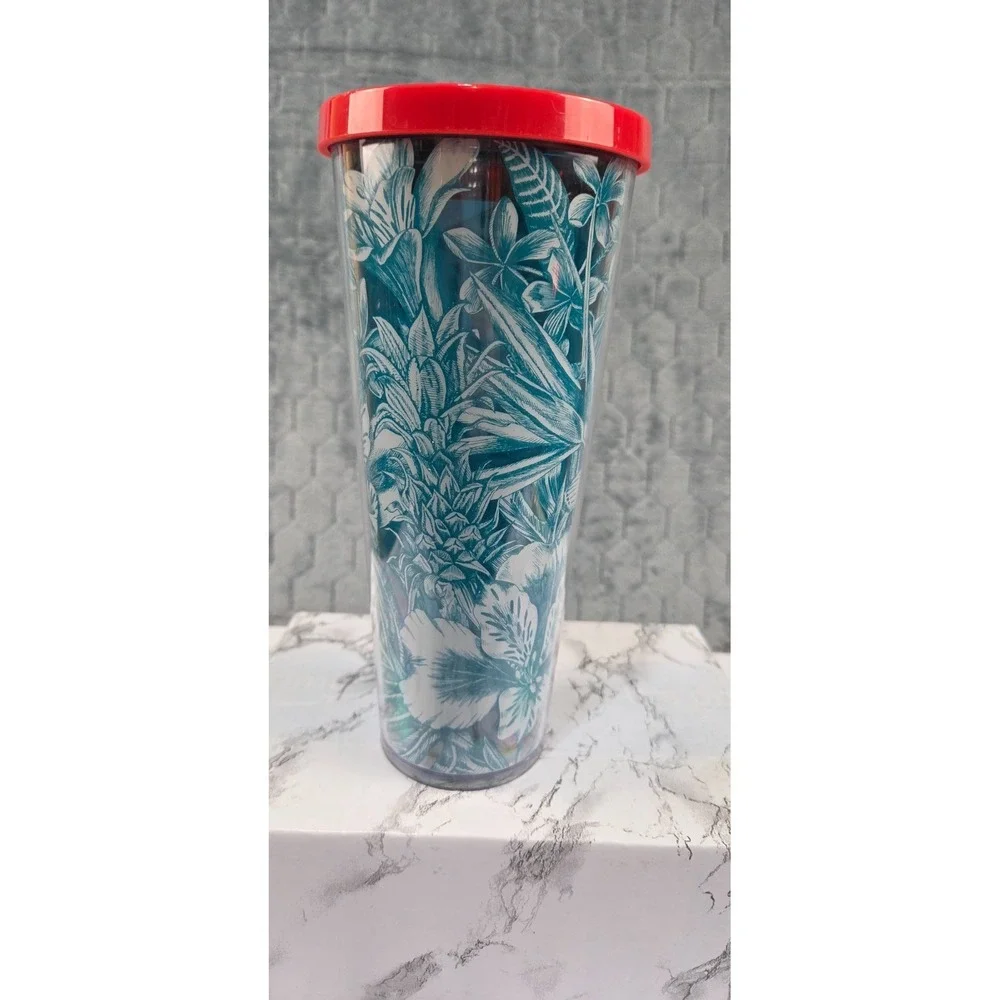 Starbucks Tropical Blue Flower cold tumbler 24 oz. - 2017 red lid, missing straw